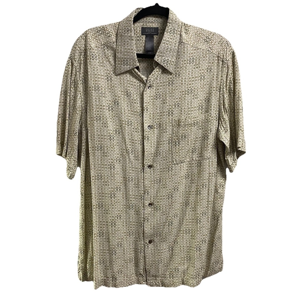 Crazy Horse Mens Hawaiian Shirt Beige&Gold diamond Button-Up Short Sleeve Sz. L
